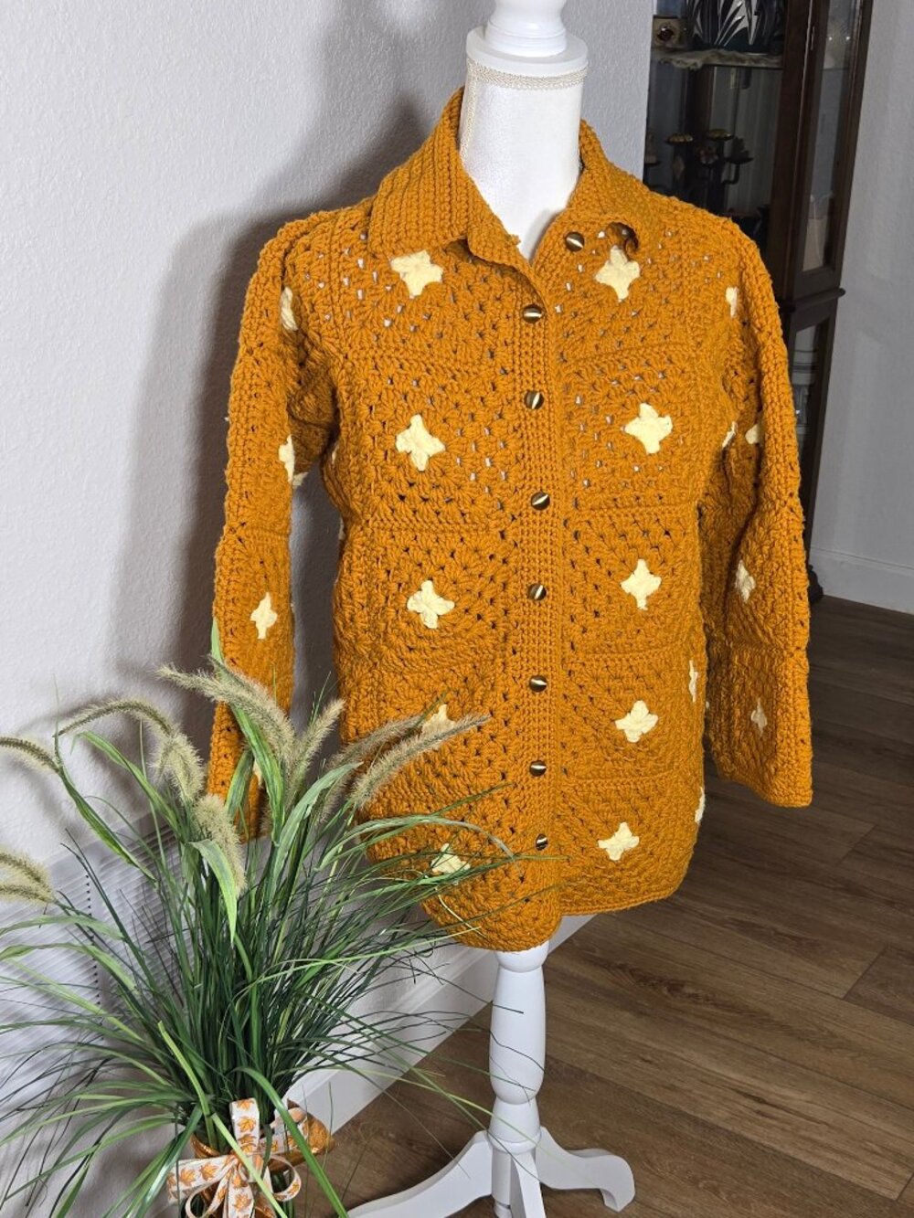 Boho Mustard Gold Crochet Cardigan, Granny Square Coat with Buttons and Collar